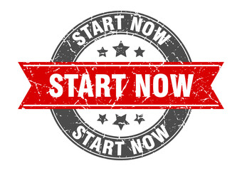 start now round stamp with ribbon. label sign