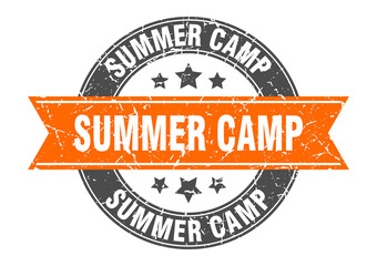 summer camp round stamp with ribbon. label sign