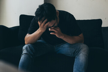 sad serious illness man.depressed emotion panic attacks alone sick people fear stressful.crying...