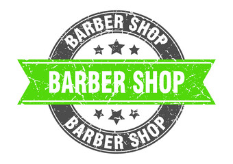 barber shop round stamp with ribbon. label sign