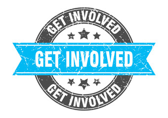 get involved round stamp with ribbon. label sign