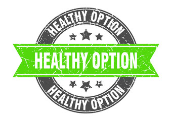 healthy option round stamp with ribbon. label sign