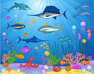 Naklejka na ściany i meble Fish swimming under the sea