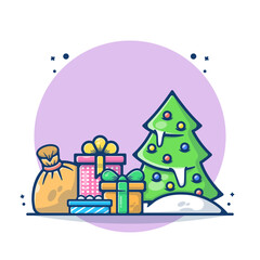 Illustration vector graphic of Christmas tree with a gift box and Santa bag. Christmas and New Year 2021 concept. Flat cartoon style perfect for sticker, wallpaper, icon, landing page, website.