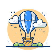 Hot Air Balloon Transportation Vector Illustration. Hot Air Balloon 
Traveling Concept. Transportation with Clouds. Flat Cartoon Style Suitable for Sticker, Wallpaper, Icon, Landing Page, Web.