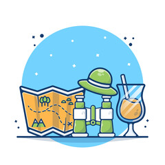 Travel Guide supplies with Binocular and Map Vector Illustration. Guideline Tourism Concept. Hat and Maps Functional Tools. Flat Cartoon Style Suitable for Sticker, Wallpaper, Icon, Landing Page, Web.