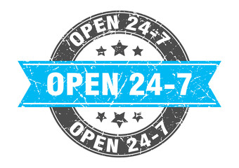 open 24 7 round stamp with ribbon. label sign