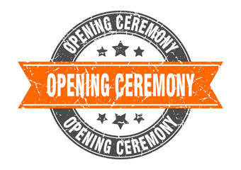 opening ceremony round stamp with ribbon. label sign