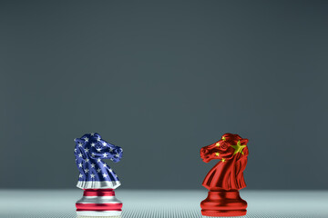 American flag knight chess and China flag knight chess confront each other on transparent board....