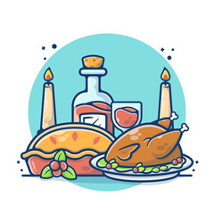 Illustration vector graphic of Thanksgiving Day. Turkey Day. Roasted Turkey Bird and Pie Cake. Flat cartoon style perfect for sticker, wallpaper, icon, landing page, website