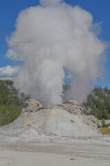 This is Castle Geyser erupting in the Upper Geyser Basin. This massive cone erupts scalding watering has a huge mineral formation. It is one of Yellowstone Nation Parks amazing attractions. 