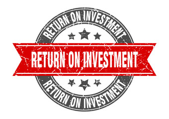 return on investment round stamp with ribbon. label sign