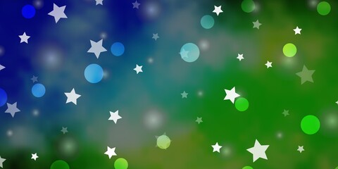 Light Blue, Green vector texture with circles, stars. Colorful disks, stars on simple gradient background. Pattern for trendy fabric, wallpapers.