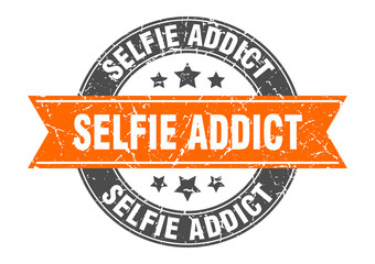 Fototapeta premium selfie addict round stamp with ribbon. label sign