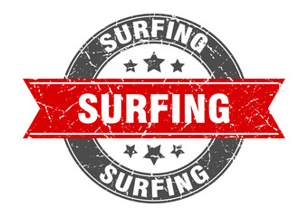 surfing round stamp with ribbon. label sign