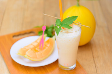 Closeup to Milk melon Smoothie in glass