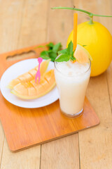 Closeup to Milk melon Smoothie in glass