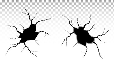 Ground cracks set. Earthquake and ground cracks, hole effect, craquelure and damaged wall texture. Vector illustrations can be used for topics earthquake, crash, destruction.