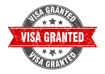 visa granted round stamp with ribbon. label sign