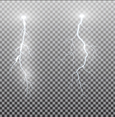 White realistic lightning. Thunder spark light on transparent background. Illuminated realistic path of thunder and many sparks. Bright curved line. - obrazy, fototapety, plakaty