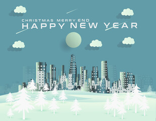 paper illustration with building background Merry christmas and happy new year greeting building in winter