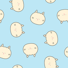 Seamless Pattern of Cute Catoon Cat Face Design on Light Blue Background