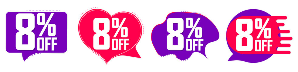 Set Sale 8% off speech bubble banners, discount tags design template, extra deals, vector illustration