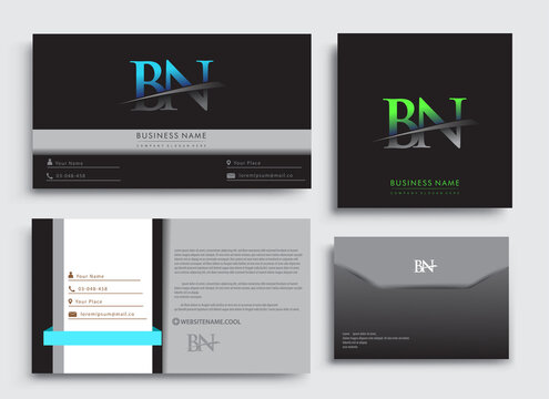 Clean and simple modern Business Card Template, with initial letter BN logotype company name colored blue and green swoosh design. Vector sets for business identity, Stationery Design.