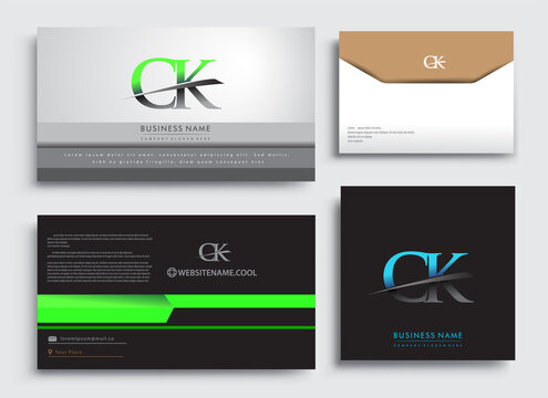 Clean and simple modern Business Card Template, with initial letter CK logotype company name colored blue and green swoosh design. Vector sets for business identity, Stationery Design.