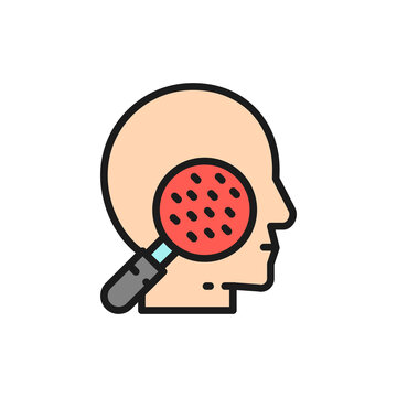 Face Under Magnifying Glass, Skin Allergy, Rashes, Dermatitis Flat Color Line Icon.