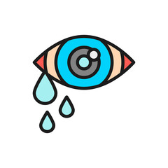 Tears in eye, cry, allergy flat color line icon.