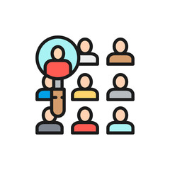 People under a magnifying glass, candidate search flat color line icon.