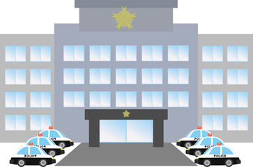 パトカーがいっぱいとまる日本の警察署のイラスト © foolchico