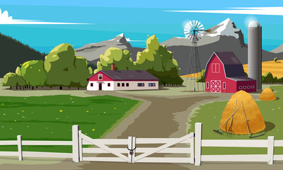 Country red farm with village house and Wind pump