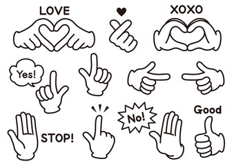 手のジェスチャー＆ハンドサインのアイコン 線のみ