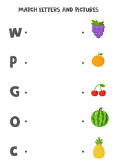 Matching game for kids. Find picture and letter it starts with.