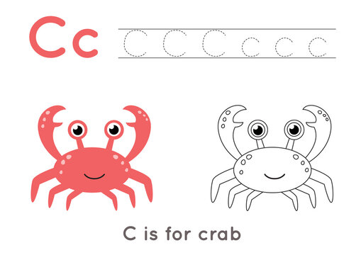Coloring and tracing page with letter C and cute cartoon crab.
