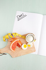 concept diet, healthy food and measure tape