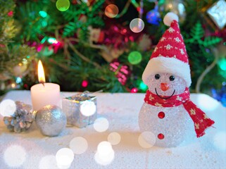 Merry christmas background tree with gifts and decorations for happy new year ,gift box, balls ,snow man, candle for celebration and card design