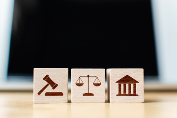 Wooden block cube shape with icon law legal justice