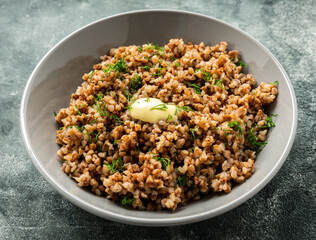 Buckwheat porridge with butter and some herbs on the rustic background. Selective focus. Shallow depth of field.