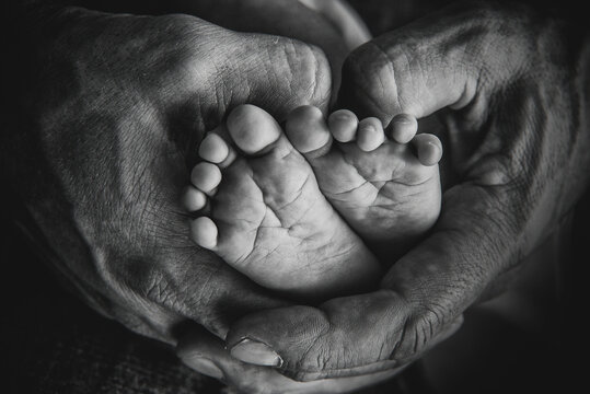 los pequeños pies de un bebé, en las masnos de su padre formando un corazón
