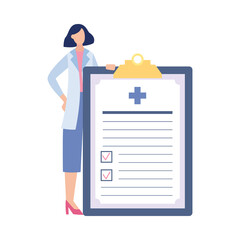 Woman doctor near checklist for medical exam, flat vector illustration isolated.