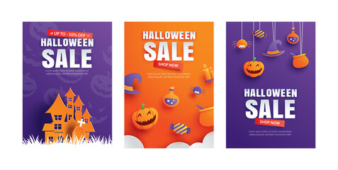 Halloween sale promotion template with paper art element design for flyer, banner, poster, discount, advertising.
