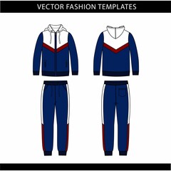 hoodie and Sweat pants fashion flat sketch template, jogging outfit front and back, sport wear outfit 