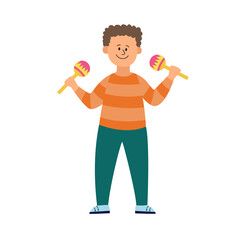 Child boy playing music on maracas, flat vector illustration isolated.