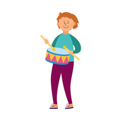 Fototapeta premium Smiling child boy or teenager playing drums, flat vector illustration isolated.
