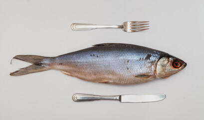 Salted omul and cutlery lies on white paper