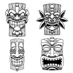 Sет of Illustrations of Tiki tribal wooden mask. Design element for logo, emblem, sign, poster, card, banner. Vector illustration