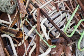 Scrap yard, metal for recycling, acceptance of used water pipes.